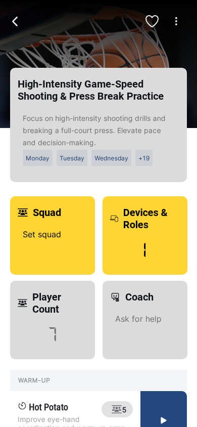 ClipboardIQ generated practice plan showing drills with squad, devices, player count, and run button