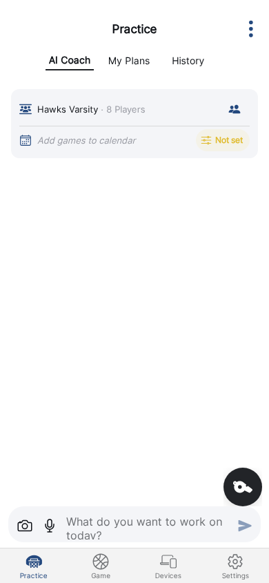 ClipboardIQ AI Coach screen showing the Practice tab with AI Coach, My Plans, and History tabs